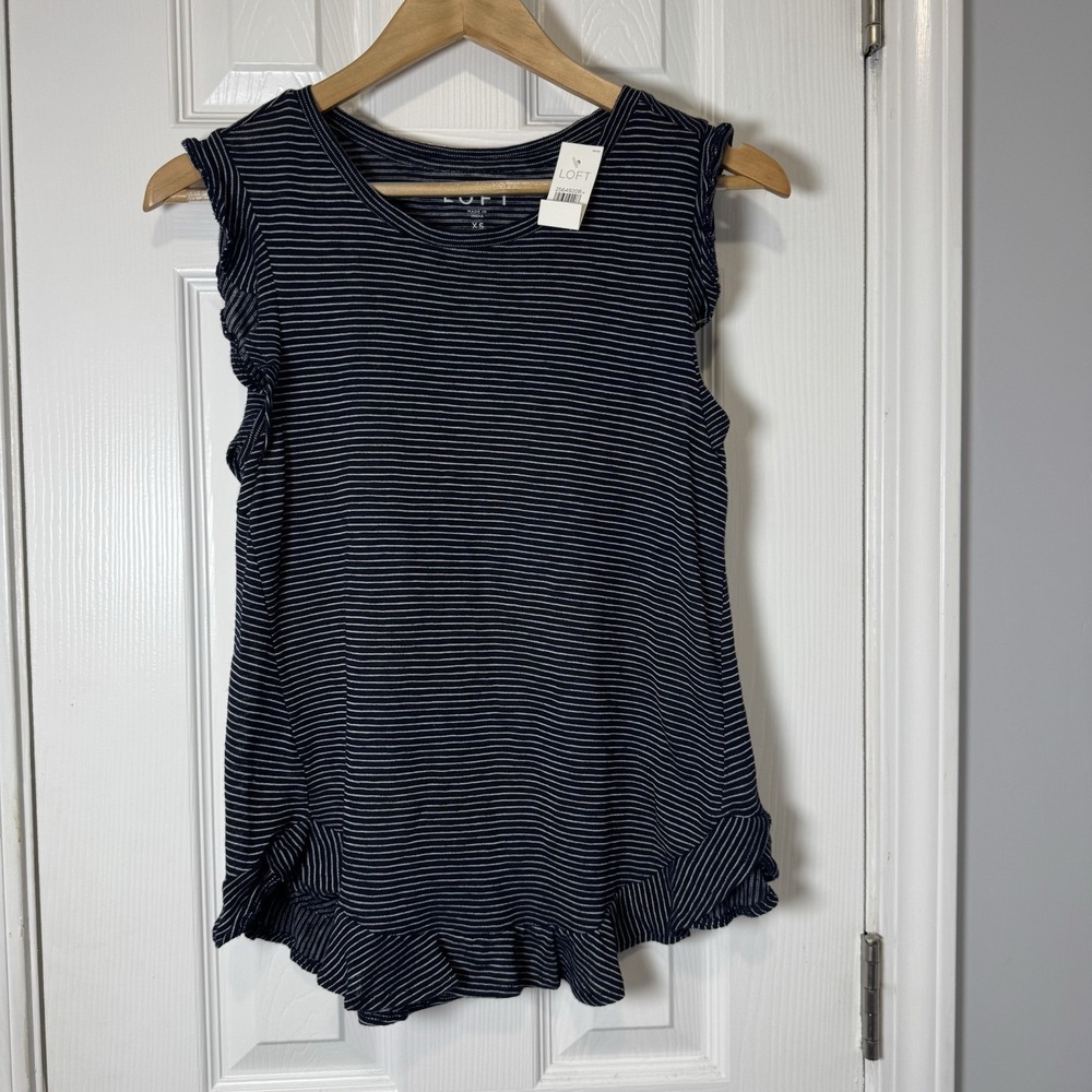 J. CREW Striped Ruffle Tank Top Women's XS Navy Blue White XS Extra Small NWT